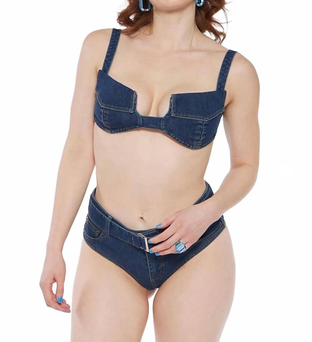 NEW CIRCULAR PATH pocket denim bikini top in midnight blue